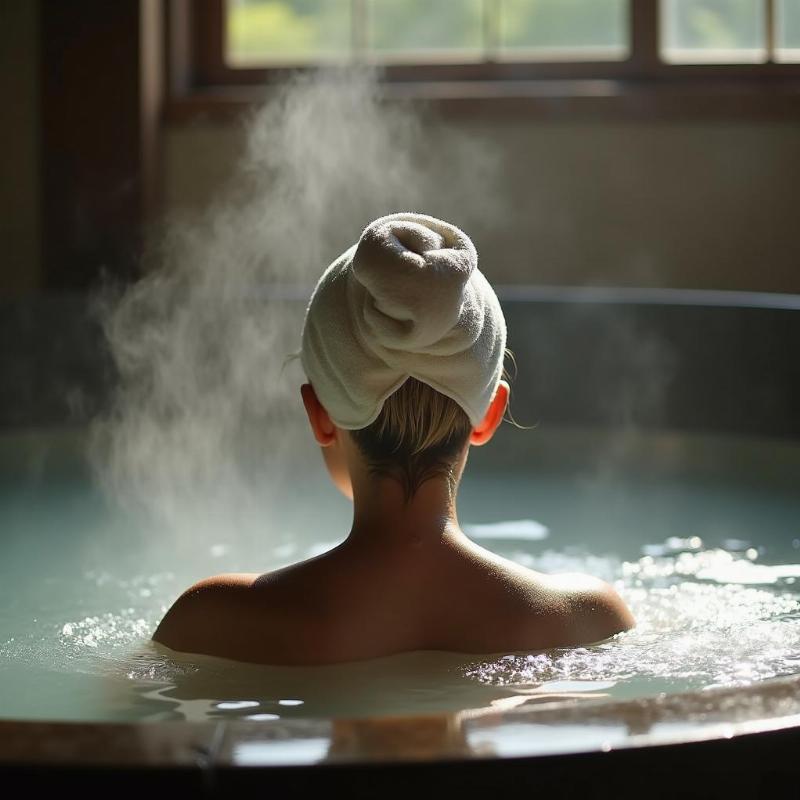 Một người phụ nữ đang ngâm mình thư giãn trong bồn onsen, với khăn trên đầu, thể hiện đúng nghi thức